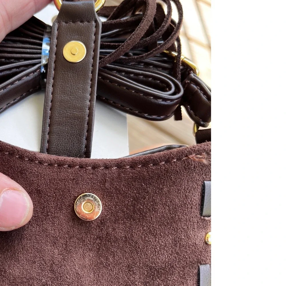 Primark Womens Brown Faux Suede Studded Tassel Phone Crossbody‎ Bag New
